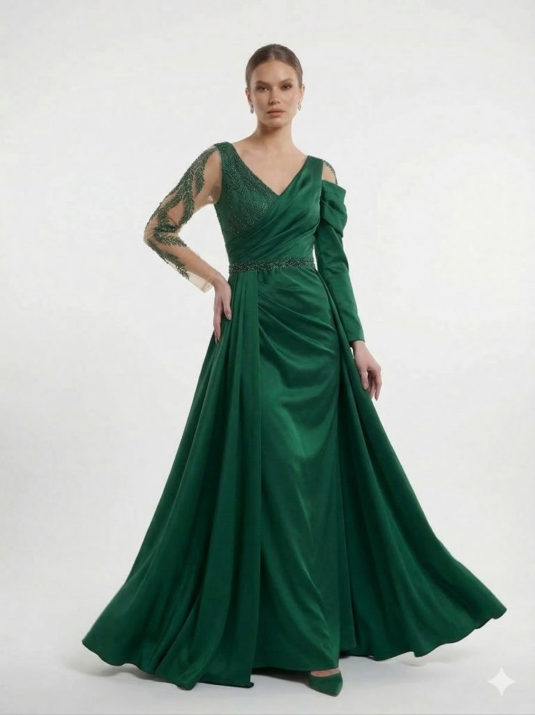 LACRİMA Kendinden Taş İşlemeli Abiye Elbise 7782 - YEŞİL