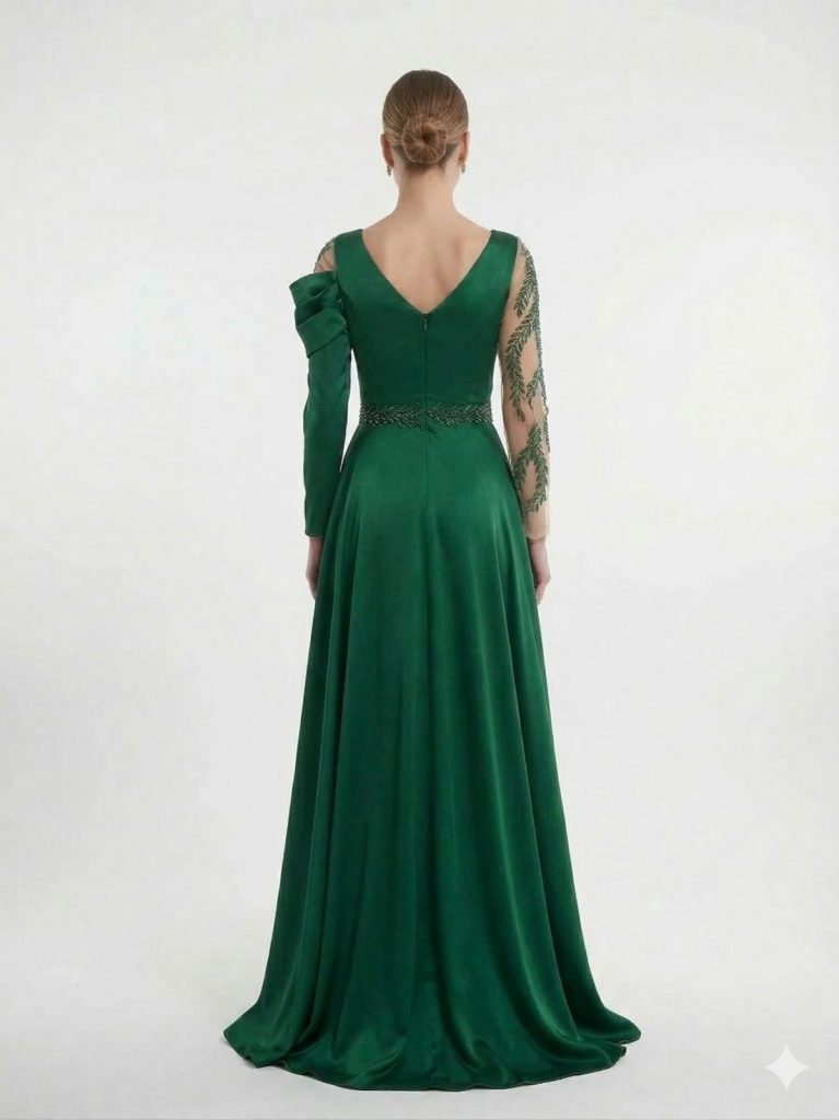 LACRİMA Kendinden Taş İşlemeli Abiye Elbise 7782 - YEŞİL