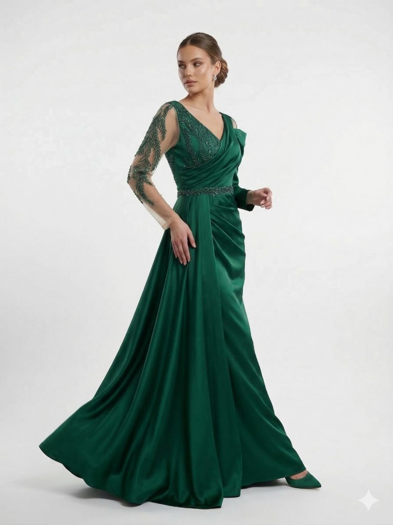 LACRİMA Kendinden Taş İşlemeli Abiye Elbise 7782 - YEŞİL