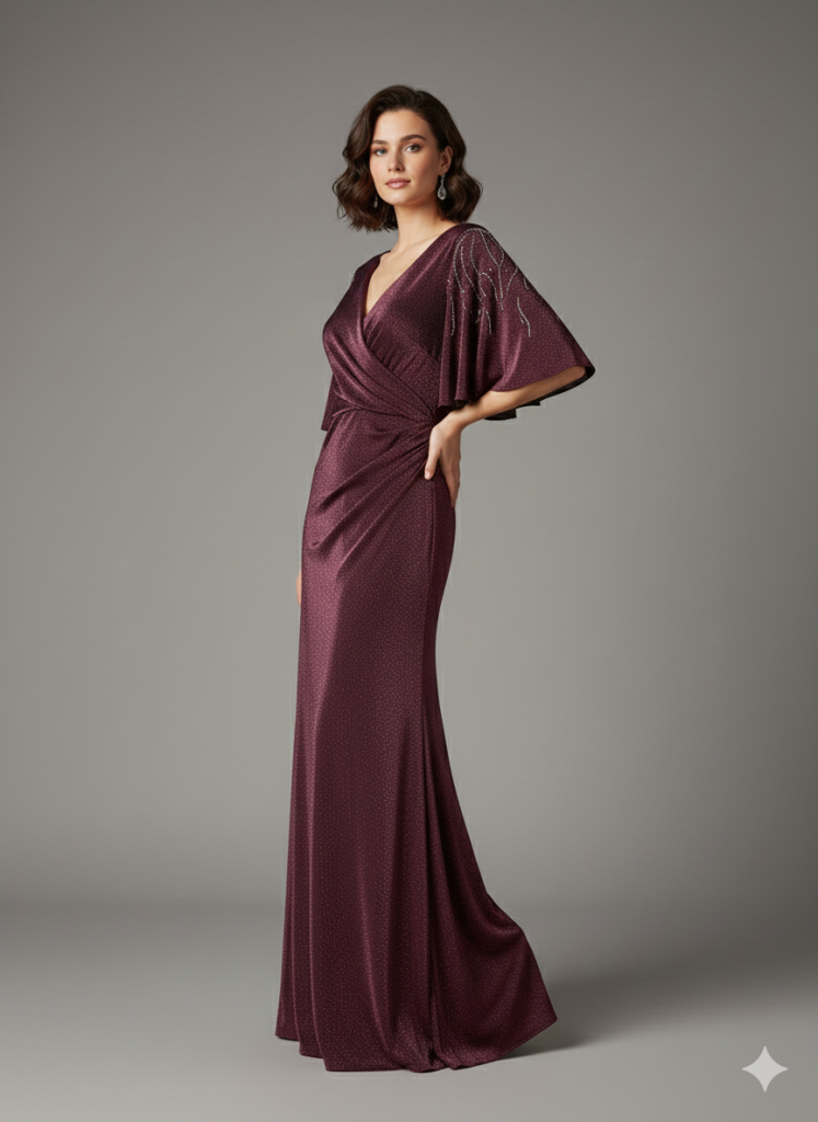 LACRİMA Yarım Kol Parlak Kumaş Abiye 8200 B.B - bordo