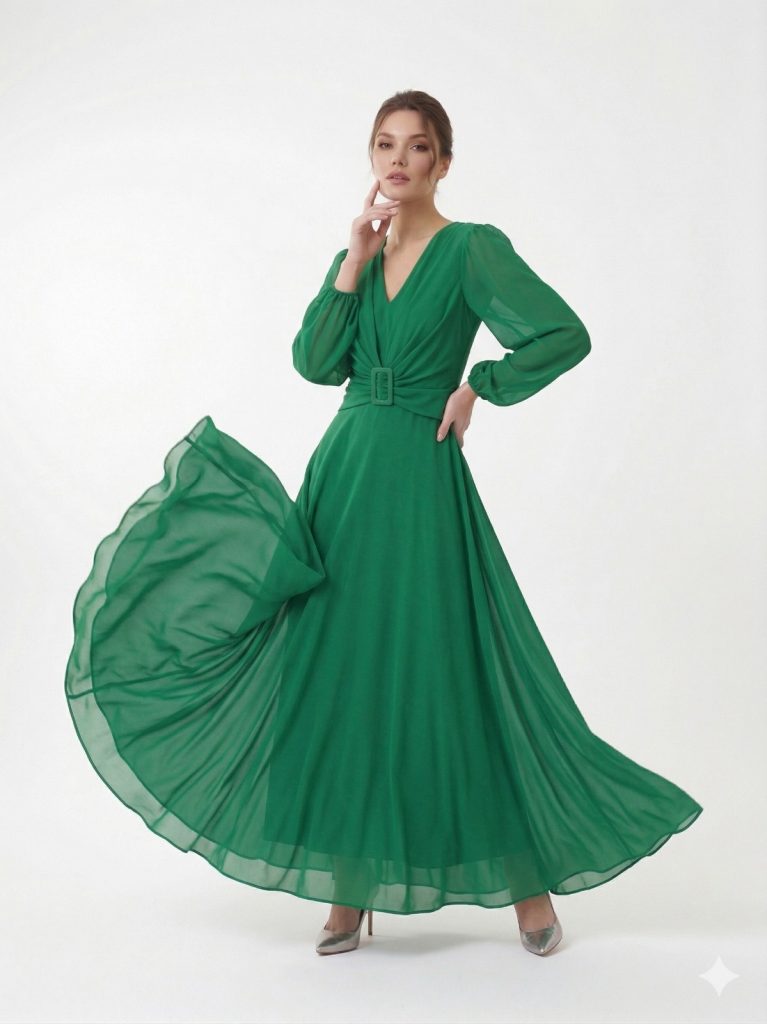 LENDY Kemer Detaylı Abiye Elbise 50579 - ZÜMRÜT