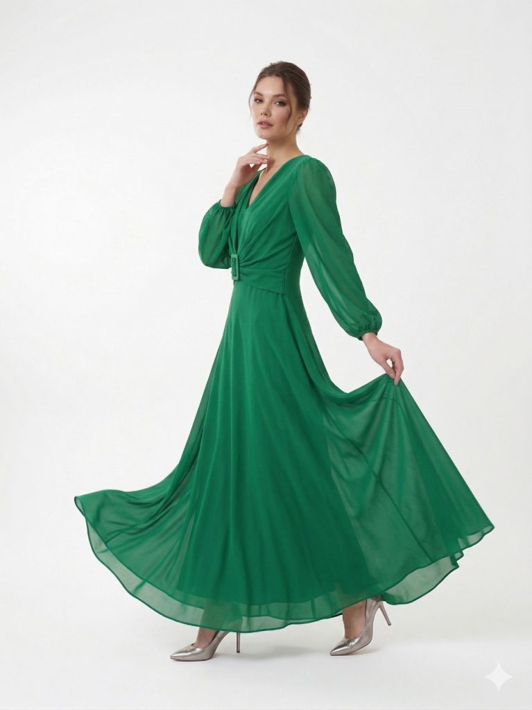 LENDY Kemer Detaylı Abiye Elbise 50579 - ZÜMRÜT