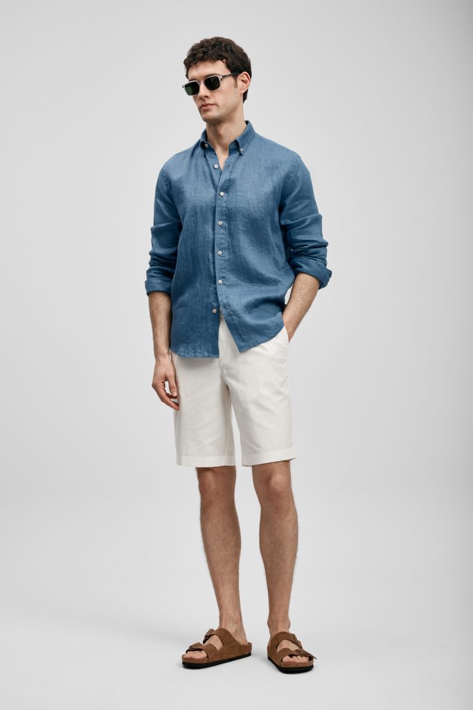 LUFİAN Erkek Rahat Kesim Keten Gömlek 111010654 - İNDİGO