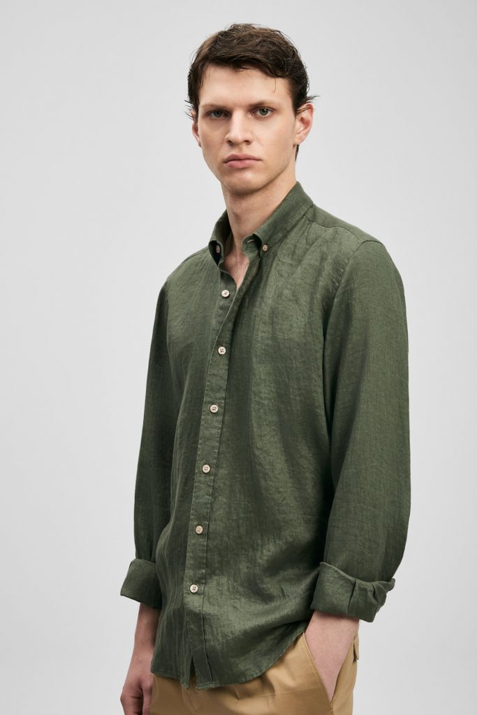 LUFİAN Erkek Rahat Kesim Keten Gömlek 111010654 - HAKİ