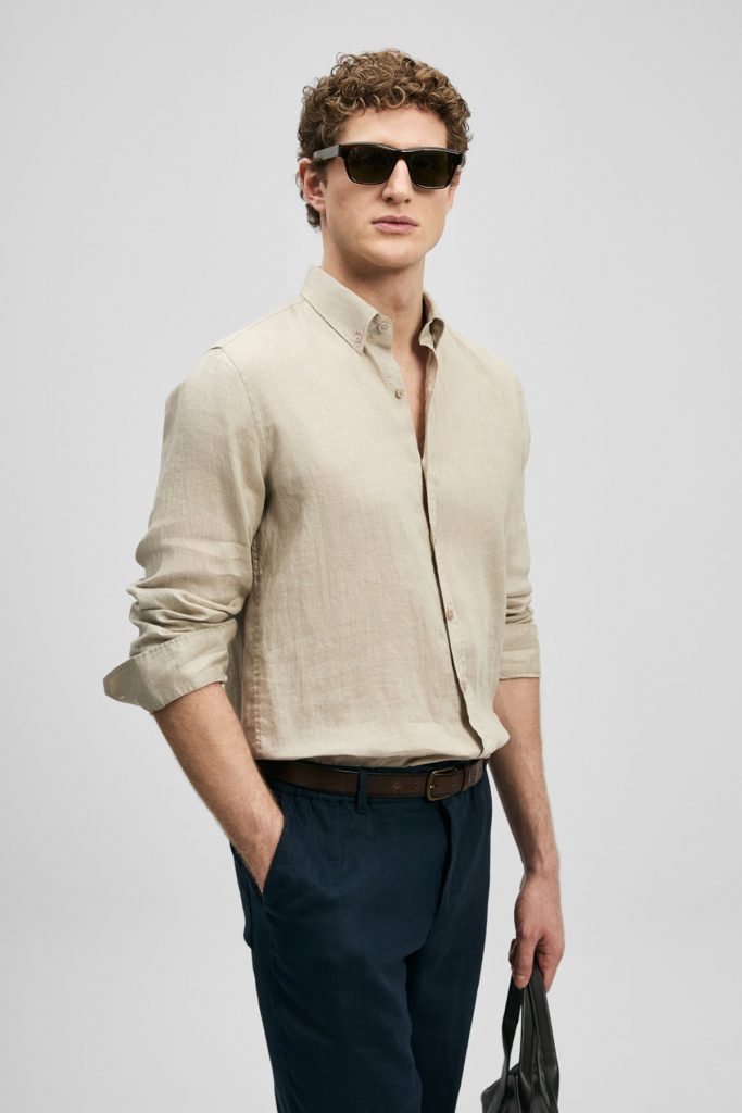 LUFİAN Erkek Rahat Kesim Keten Gömlek 111010654 - BEJ