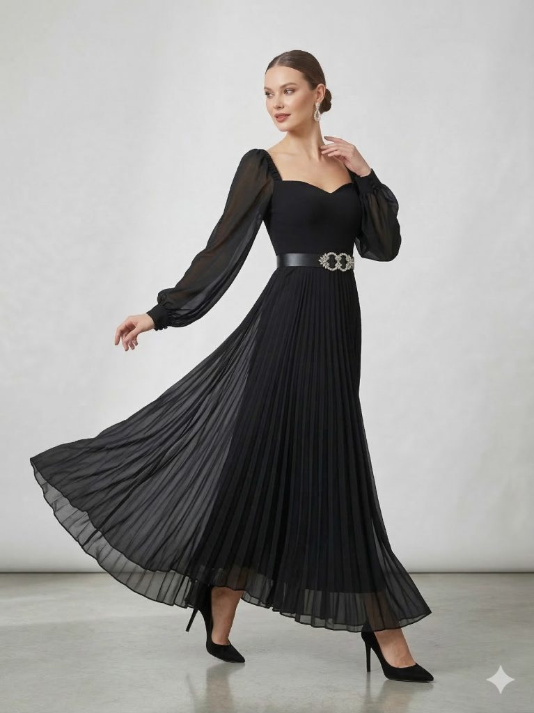 MALL OF BAZAAR Kolları Tül Detaylı Kemerli Elbise  2455