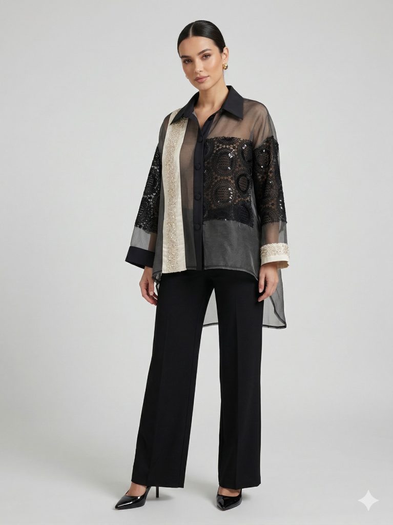 MİANOTTE Kendinden İşlemeli Transparan Ceket 9024 - Siyah