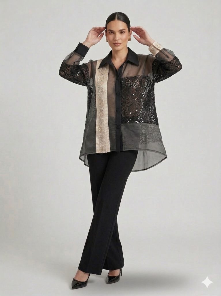 MİANOTTE Kendinden İşlemeli Transparan Ceket 9024 - Siyah