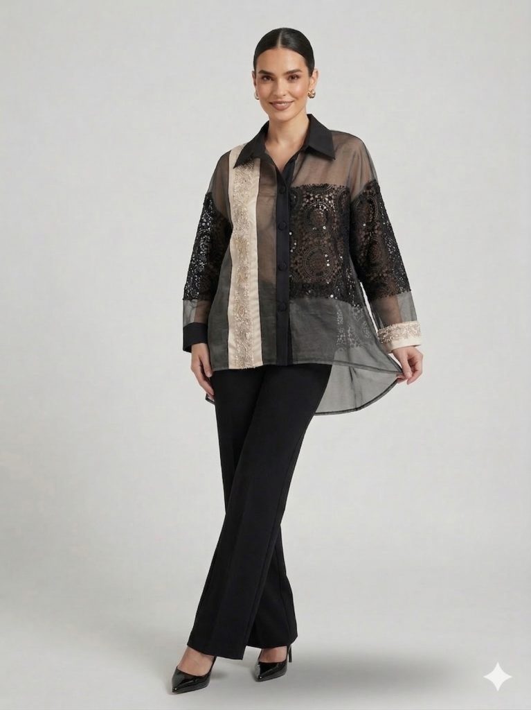 MİANOTTE Kendinden İşlemeli Transparan Ceket 9024 - Siyah