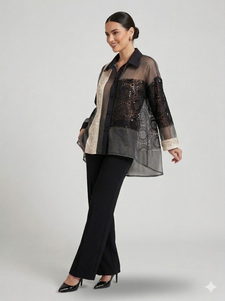 MİANOTTE Kendinden İşlemeli Transparan Ceket 9024 - Siyah