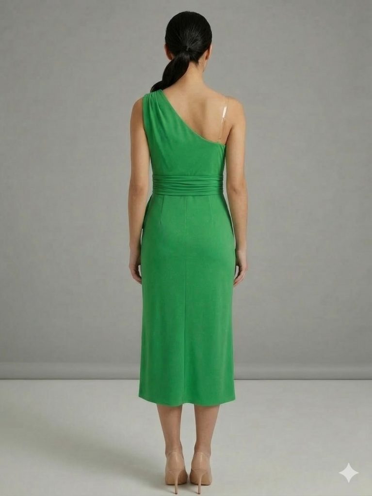 MİRAM Fırfır Detaylı Tek Omuz Abiye Elbise 4163 - YEŞİL