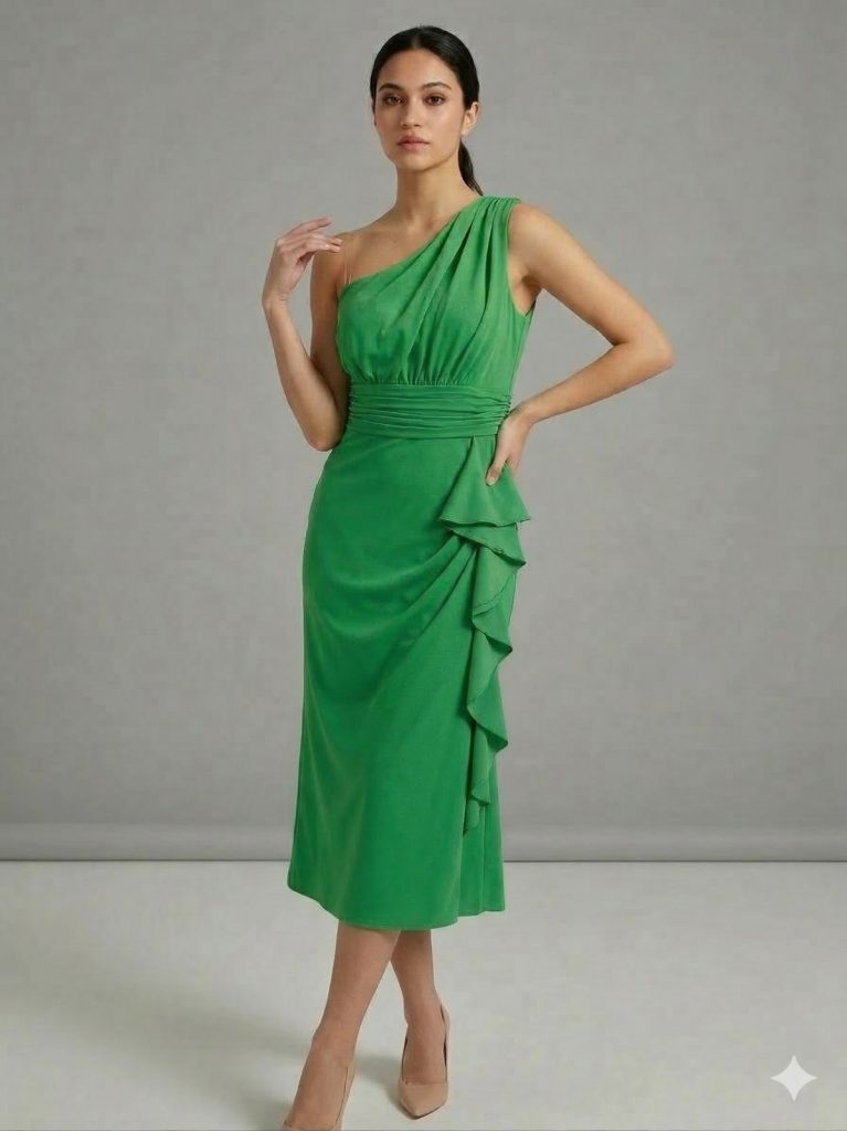 MİRAM Fırfır Detaylı Tek Omuz Abiye Elbise 4163 - YEŞİL