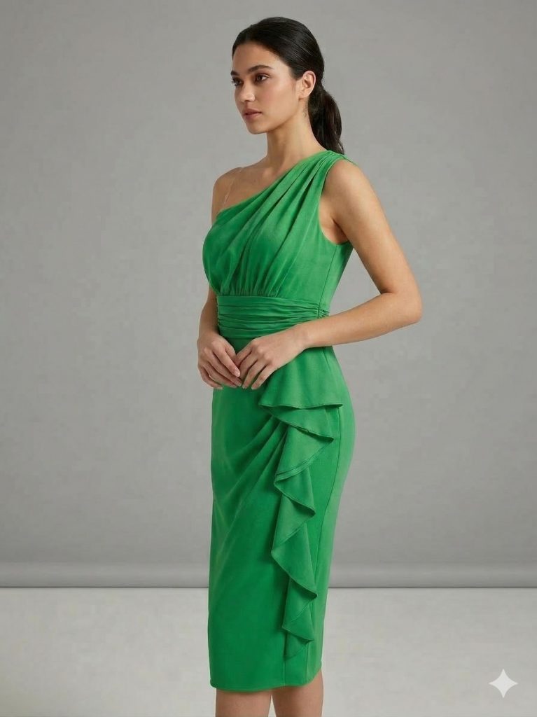 MİRAM Fırfır Detaylı Tek Omuz Abiye Elbise 4163 - YEŞİL