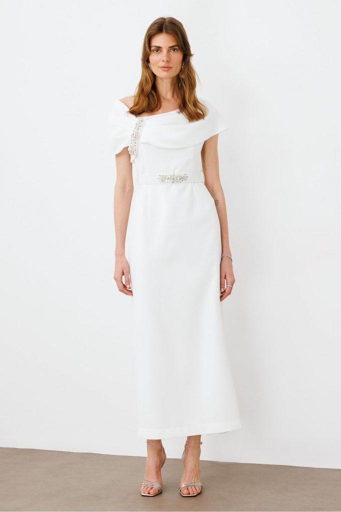 MODAİLGİ Aksesuar Detaylı Kemerli Elbise 0006 - EKRU