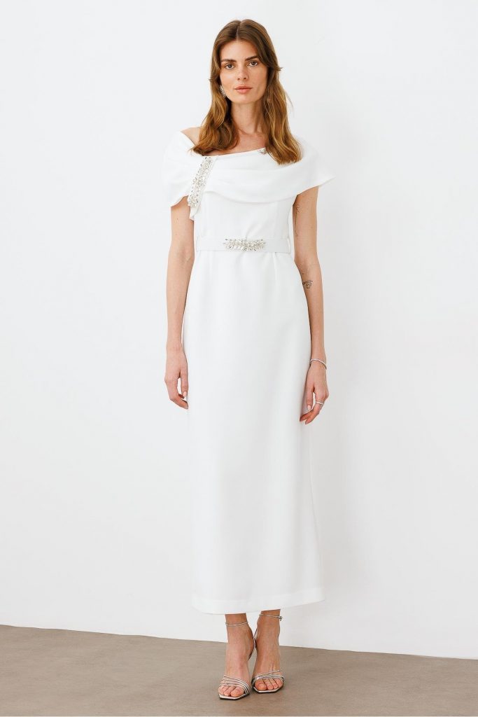 MODAİLGİ Aksesuar Detaylı Kemerli Elbise 0006 - EKRU