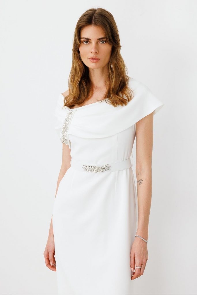 MODAİLGİ Aksesuar Detaylı Kemerli Elbise 0006 - EKRU