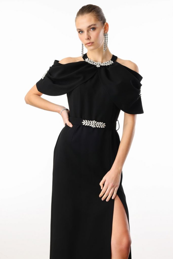 MODAİLGİ Yakası ve Kemeri Aksesuar Detaylı Elbise 60007 - Siyah