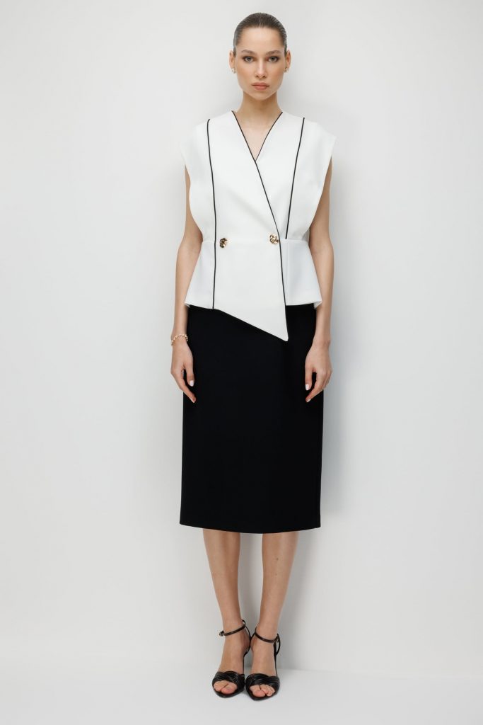 MODAİLGİ Biye Detaylı Kontrast Renk Kombinli Midi Boy Elbise 60116 - EKRU