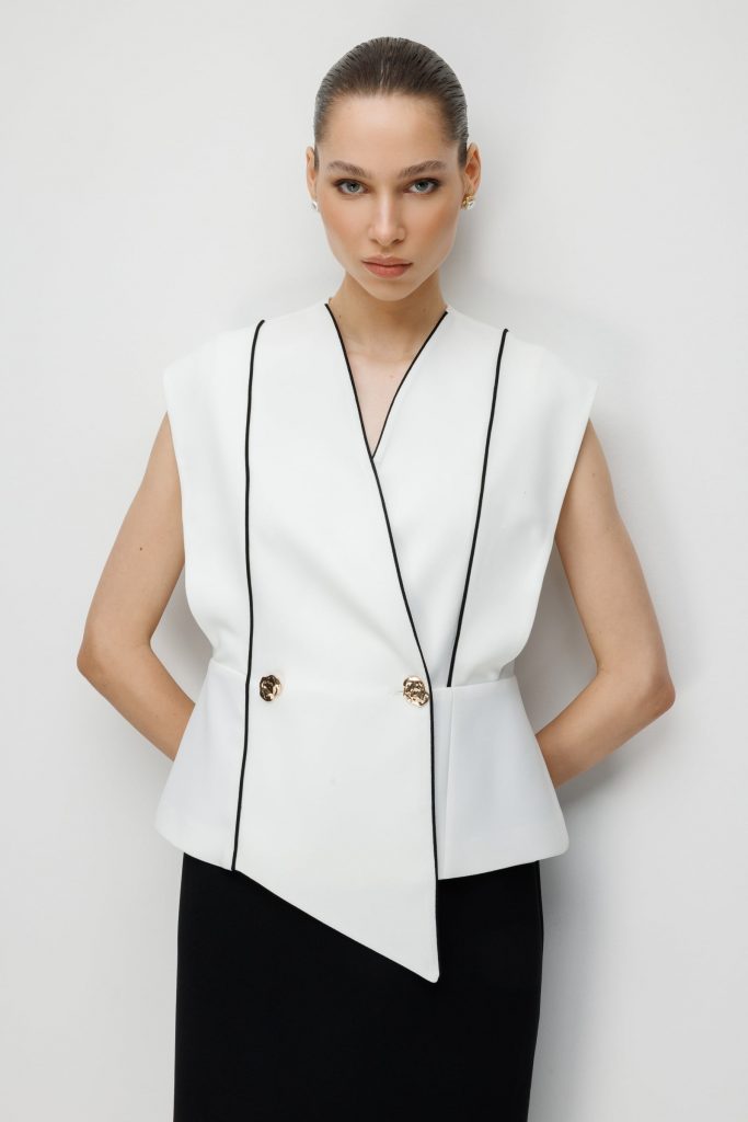 MODAİLGİ Biye Detaylı Kontrast Renk Kombinli Midi Boy Elbise 60116 - EKRU