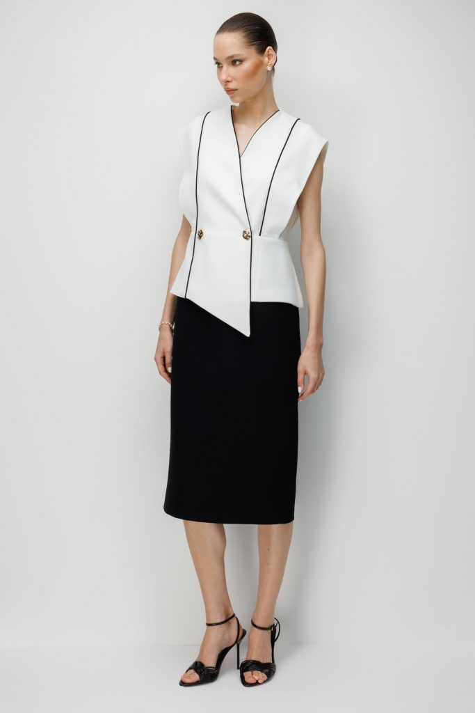 MODAİLGİ Biye Detaylı Kontrast Renk Kombinli Midi Boy Elbise 60116 - EKRU