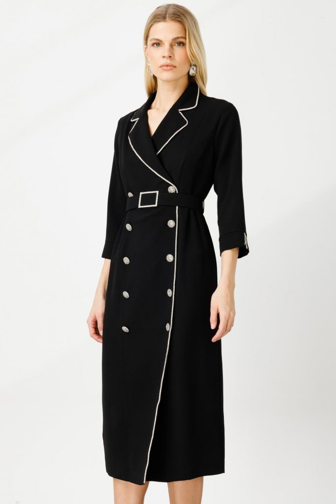 MODAİLGİ Şerit Taş Detaylı Kruvaze Elbise 6042 - Siyah