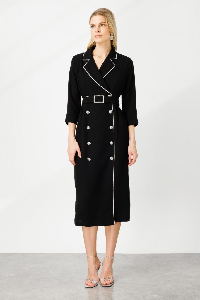 MODAİLGİ Şerit Taş Detaylı Kruvaze Elbise 6042 - Siyah