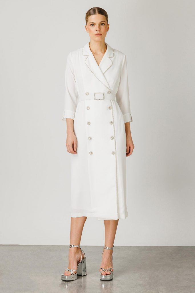 MODAİLGİ Şerit Taş Detaylı Kruvaze Elbise 6042 - EKRU