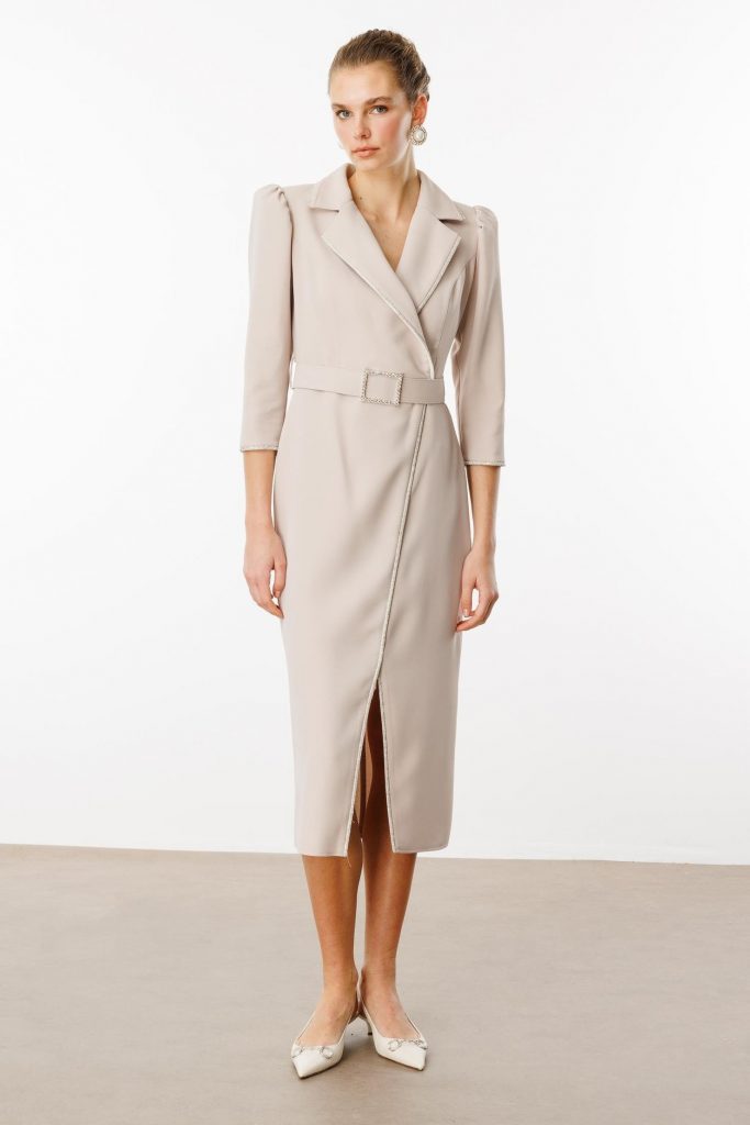 MODAİLGİ Şerit Taş Detaylı Kruvaze Elbise 6096 - TAŞ