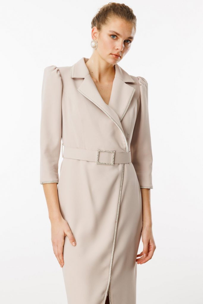 MODAİLGİ Şerit Taş Detaylı Kruvaze Elbise 6096 - TAŞ