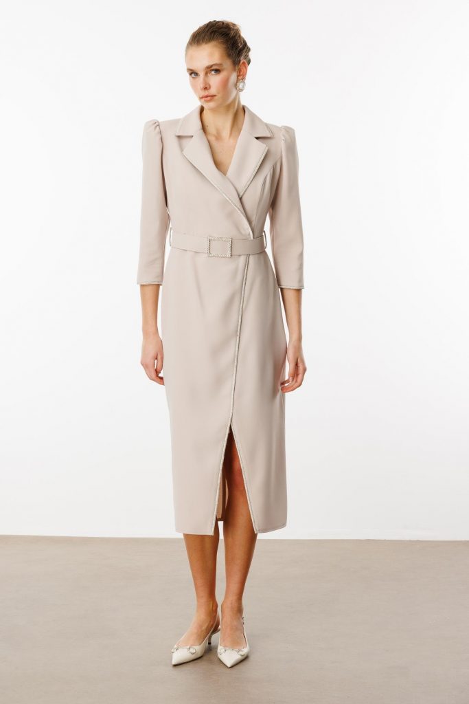 MODAİLGİ Şerit Taş Detaylı Kruvaze Elbise 6096 - TAŞ