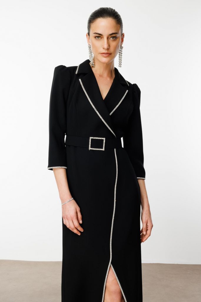 MODAİLGİ Şerit Taş Detaylı Kruvaze Elbise 6096 - Siyah