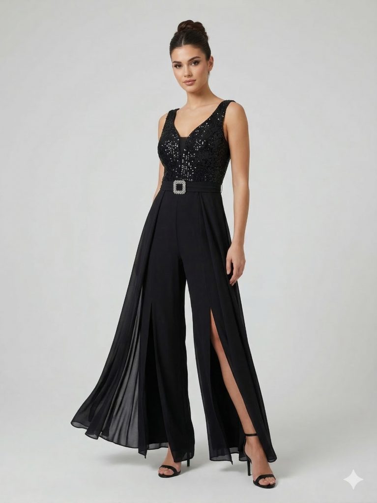 MODAİLGİ Tül Detaylı V Yaka Tulum 6650 - Siyah