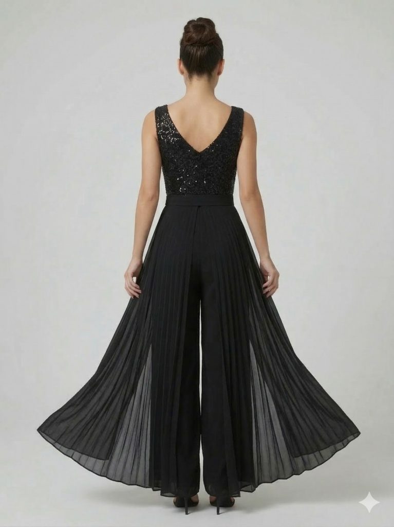 MODAİLGİ Tül Detaylı V Yaka Tulum 6650 - Siyah