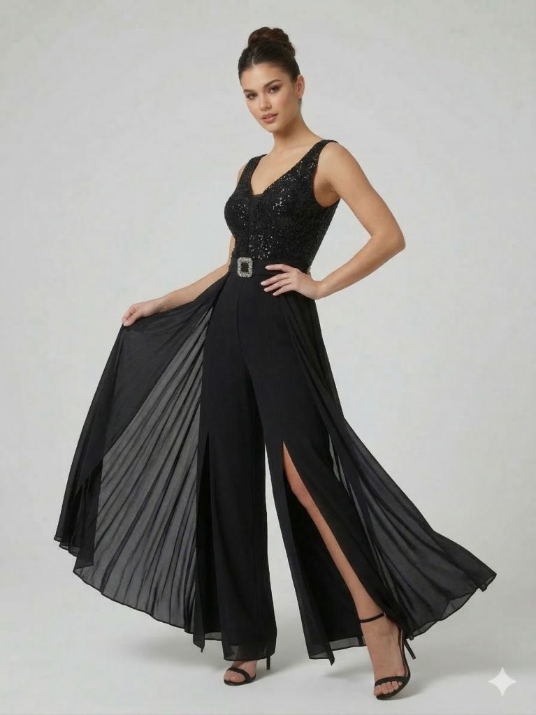 MODAİLGİ Tül Detaylı V Yaka Tulum 6650 - Siyah