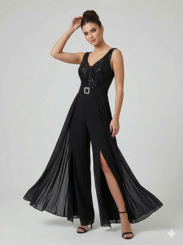 MODAİLGİ Tül Detaylı V Yaka Tulum 6650 - Siyah