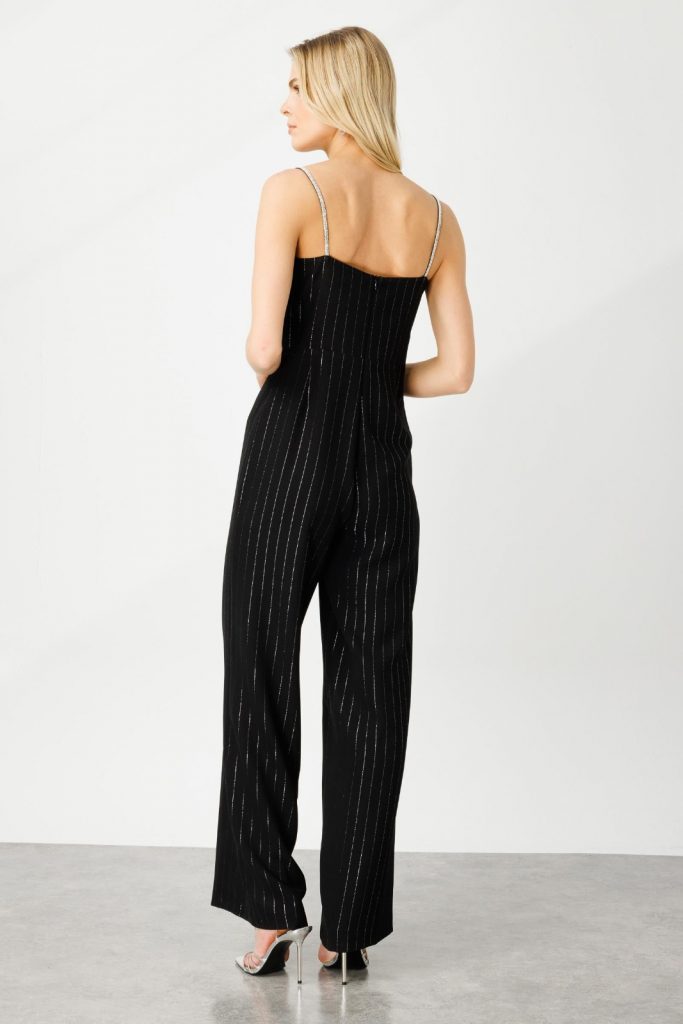 Modailgi Degaje Yaka Simli Çizgili Tulum 6721 - Siyah