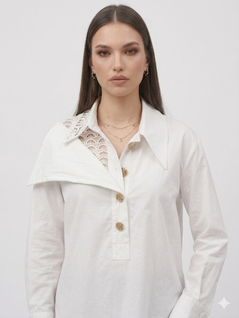 MY312 Dantel Detaylı Gold Düğmeli Gömlek 8835 - EKRU