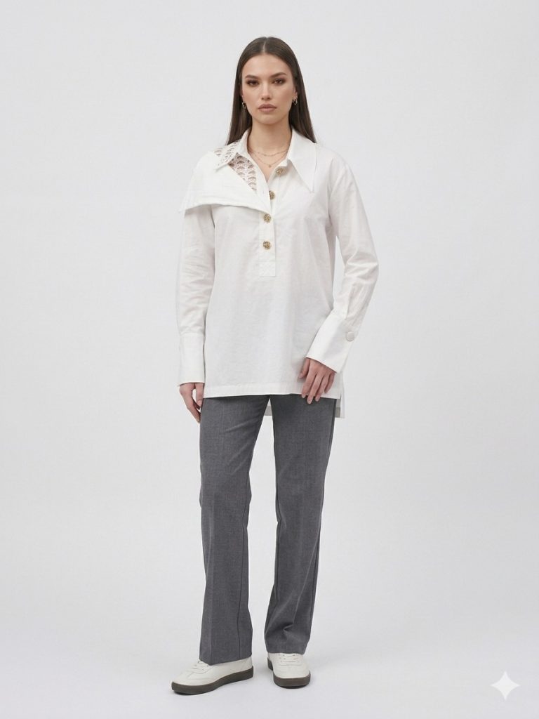 MY312 Dantel Detaylı Gold Düğmeli Gömlek 8835 - EKRU