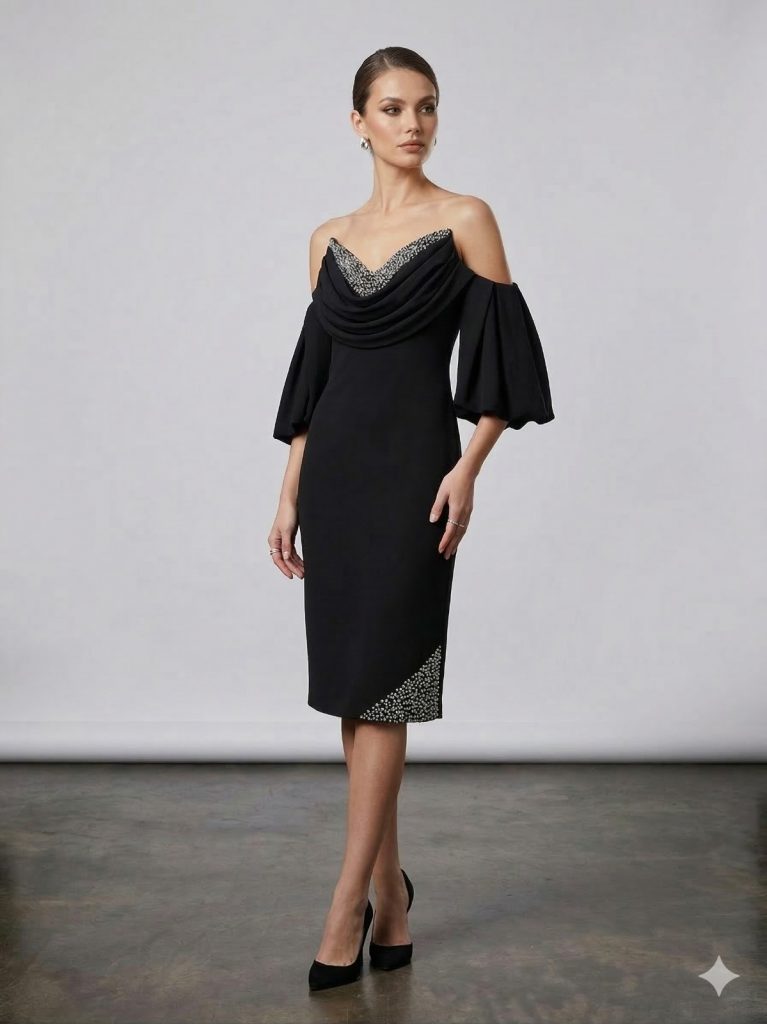 ODRELLA Yakası Taş Detaylı Abiye Elbise 6532 - Siyah