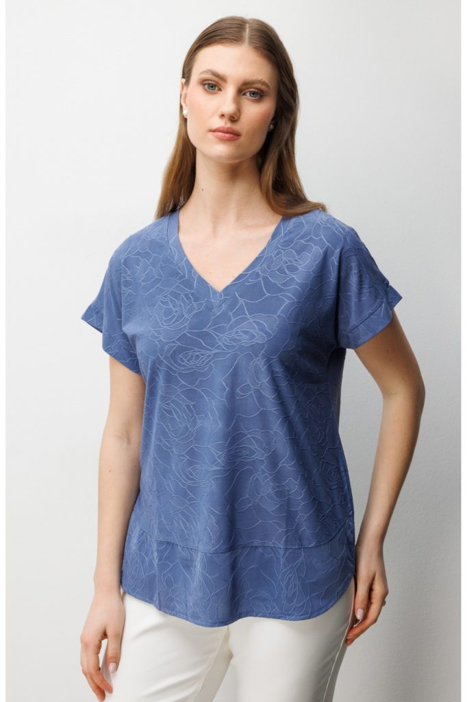 ON TRİKO V Yaka Desenli Büyük Beden Bluz 71343 - İNDİGO