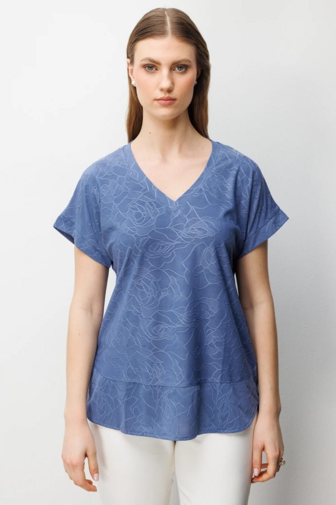 ON TRİKO V Yaka Desenli Büyük Beden Bluz 71343 - İNDİGO