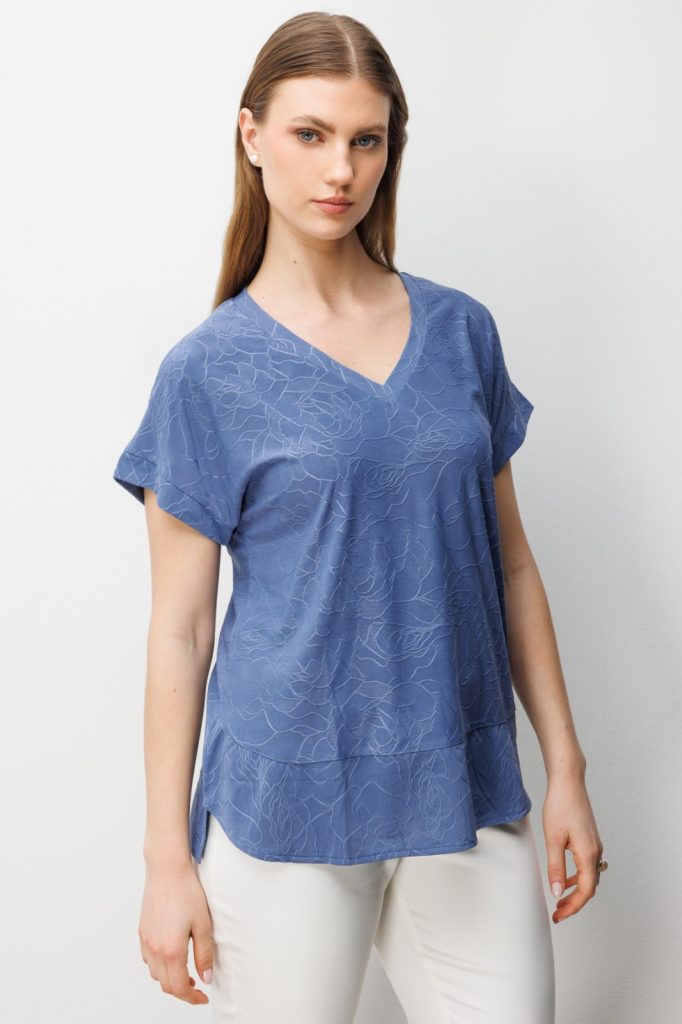 ON TRİKO V Yaka Desenli Büyük Beden Bluz 71343 - İNDİGO