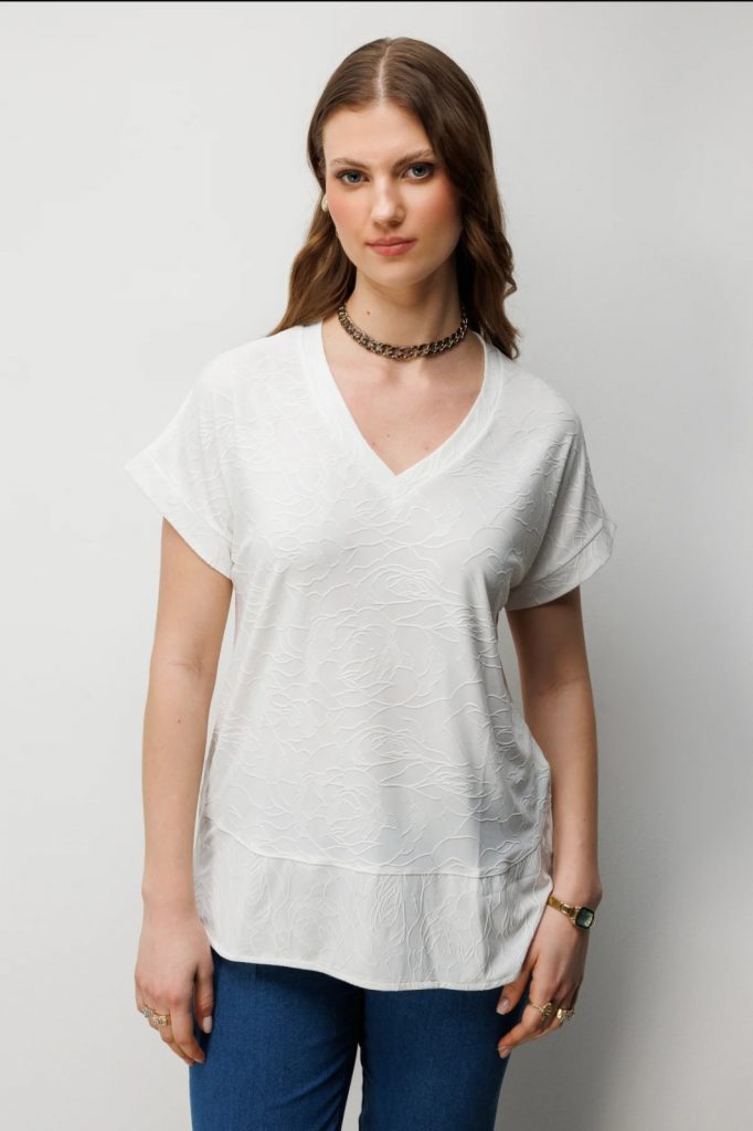 ON TRİKO V Yaka Desenli Büyük Beden Bluz 71343 - EKRU