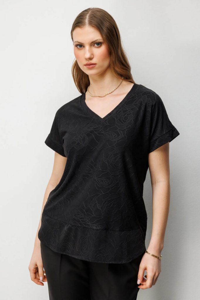 ON TRİKO V Yaka Desenli Büyük Beden Bluz 71343 - Siyah