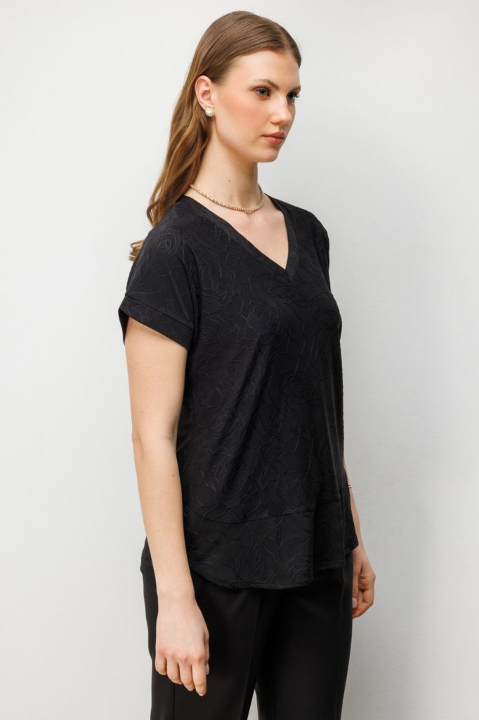 ON TRİKO V Yaka Desenli Büyük Beden Bluz 71343 - Siyah