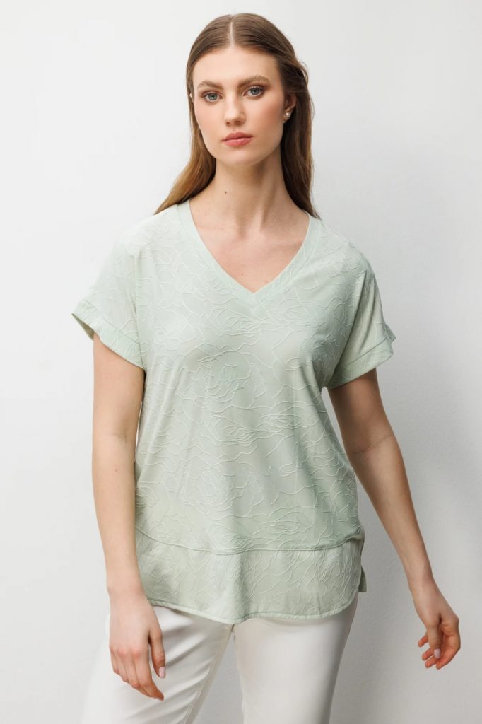 ON TRİKO V Yaka Desenli Büyük Beden Bluz 71343 - mint