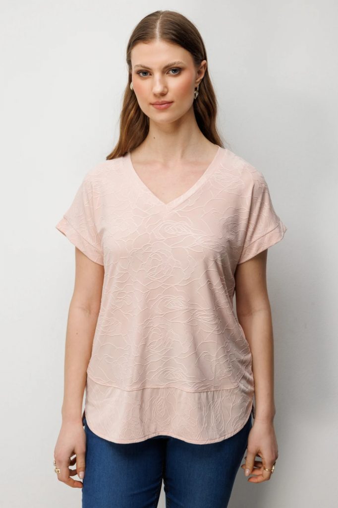 ON TRİKO V Yaka Desenli Büyük Beden Bluz 71343 - PUDRA