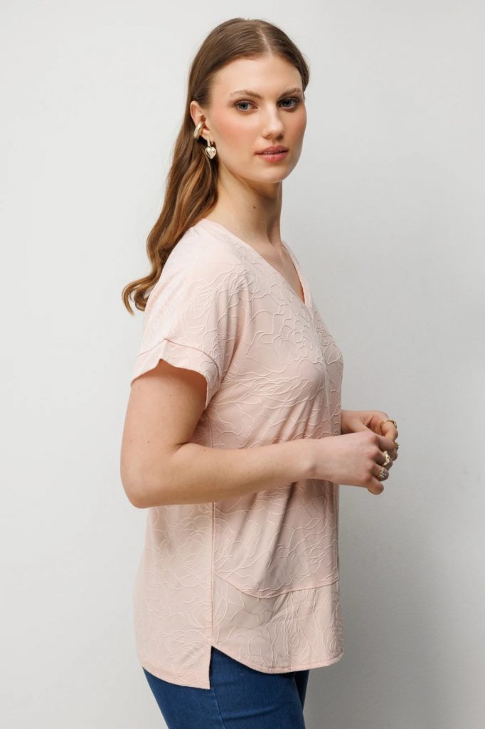 ON TRİKO V Yaka Desenli Büyük Beden Bluz 71343 - PUDRA