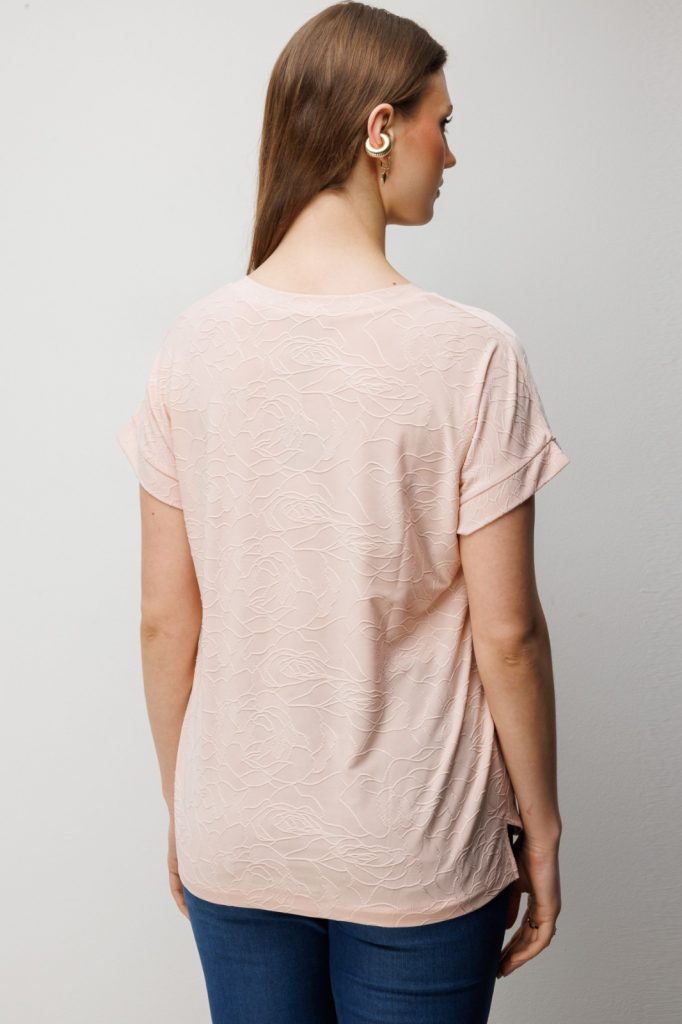 ON TRİKO V Yaka Desenli Büyük Beden Bluz 71343 - PUDRA