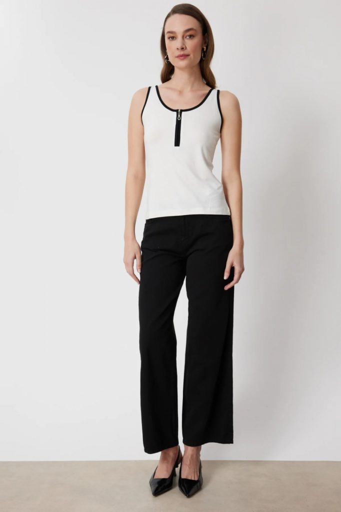 ON TRİKO Fermuar Detaylı Bluz  71417 - EKRU